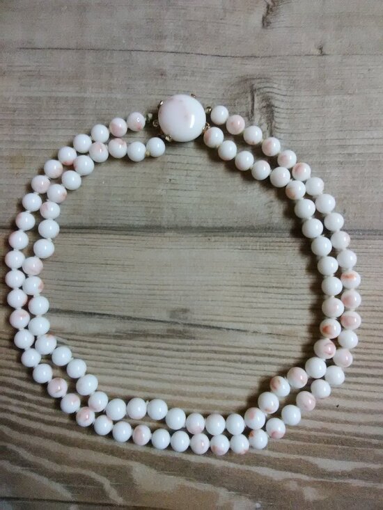 Jewelry - Castlecliff milk glass two strand necklace - white beads w/ pink / blush spots